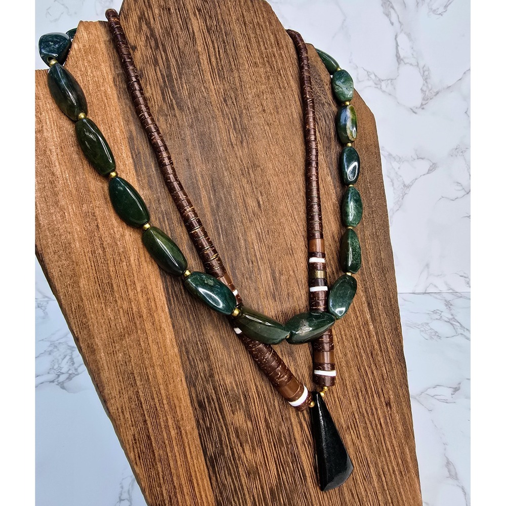 Vintage Green Stone and Brown Beaded Necklace Set with Pendant Boho